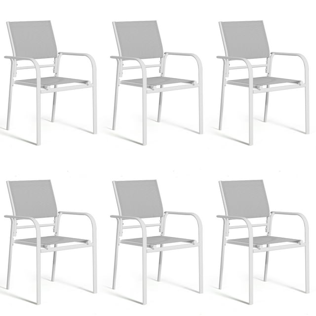 Dextrus Set of 6 Outdoor Patio Chairs,  Aluminum Dining Chair with Armest and Adjustable Feet for Outdoor Garden,  Backyard, White