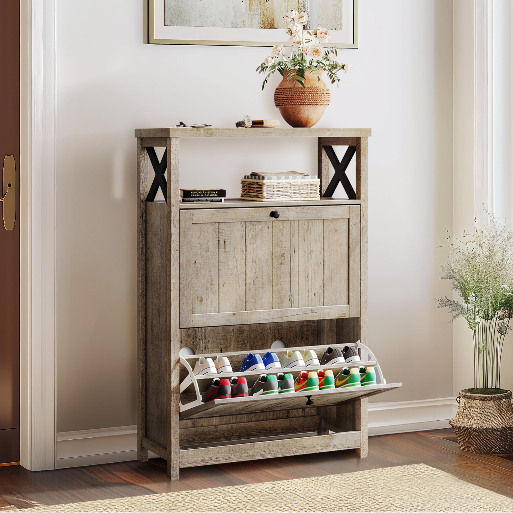 Dextrus Shoe Cabinet with 2 Flip Drawers Open Shelves Modern Entryway Shoe Rack Tipping Bucket Shoe Storage Organizer for Entryway Hallway Closet