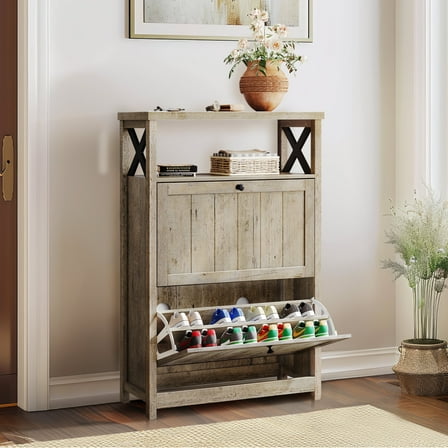 Dextrus Shoe Cabinet with 2 Flip Drawers & Open Shelves, Modern Entryway Shoe Rack, Tipping Bucket Shoe Storage Organizer for Entryway/Hallway/Closet, Old Oak