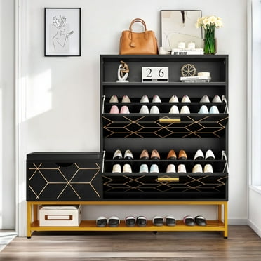 Dextrus Shoe Cabinet with 2 Flip Drawers & Open Shelf, Black