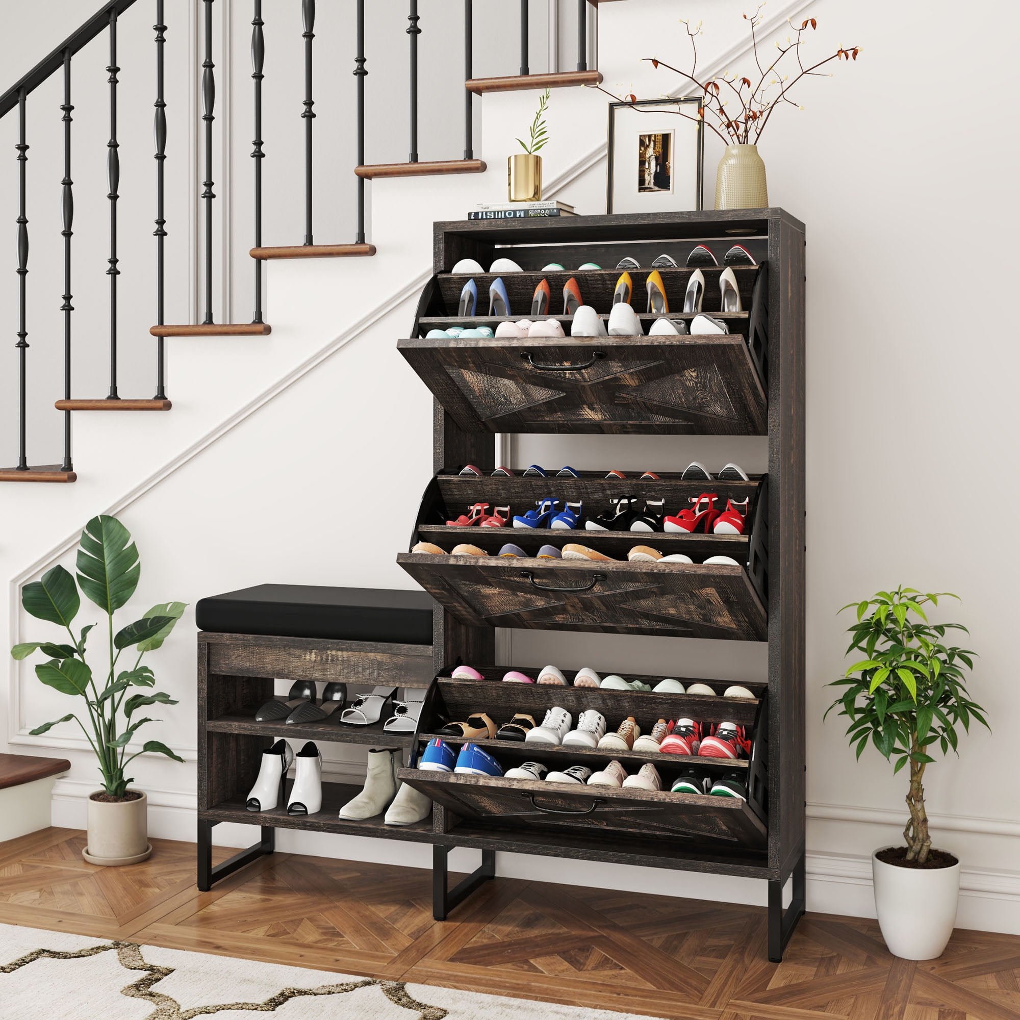 Dextrus Shoe Cabinet with 3 Flip Drawers & Open Shelf , Farmhouse Shoe Storage Cabinet with Storage Bench, Freestanding Shoe Rack Storage Organizer Bench for Hallway Entryway, Rustic Oak