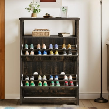 Dextrus Shoe Cabinet with 2 Flip Drawers & Open Shelf, Narrow Entryway Shoe Storage, Dark Rustic Oak