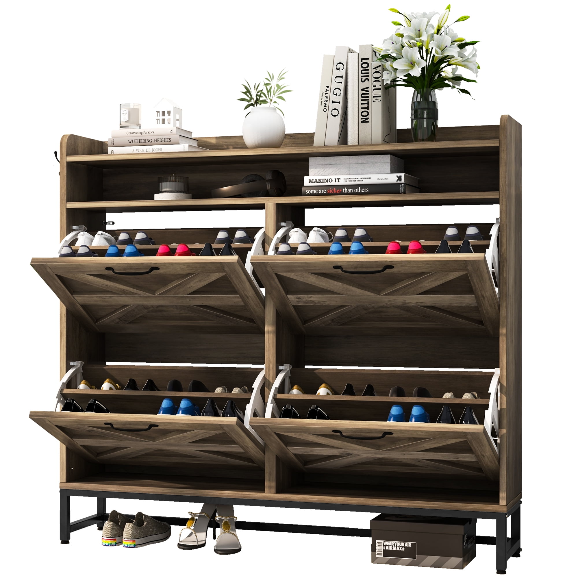 Washed Grey Farmhouse Wood 4-Drawer Shoe Cabinet
