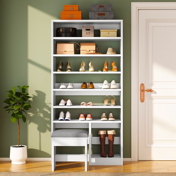 Dextrus Shoe Cabinet with Bench, 8-tier Shoe Storage Cabinet with High Boot Storage for Entryway, Living Room,White