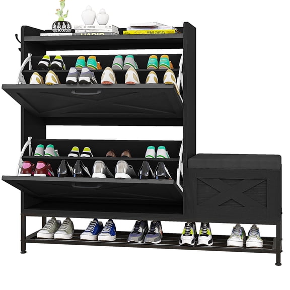 Dextrus Shoe Cabinet,with Shoe Bench,Farmhouse Shoe Storage Organizer with 2 Flip Drawers for 16 Pairs for Entryway, Foyer, Hallway, Black