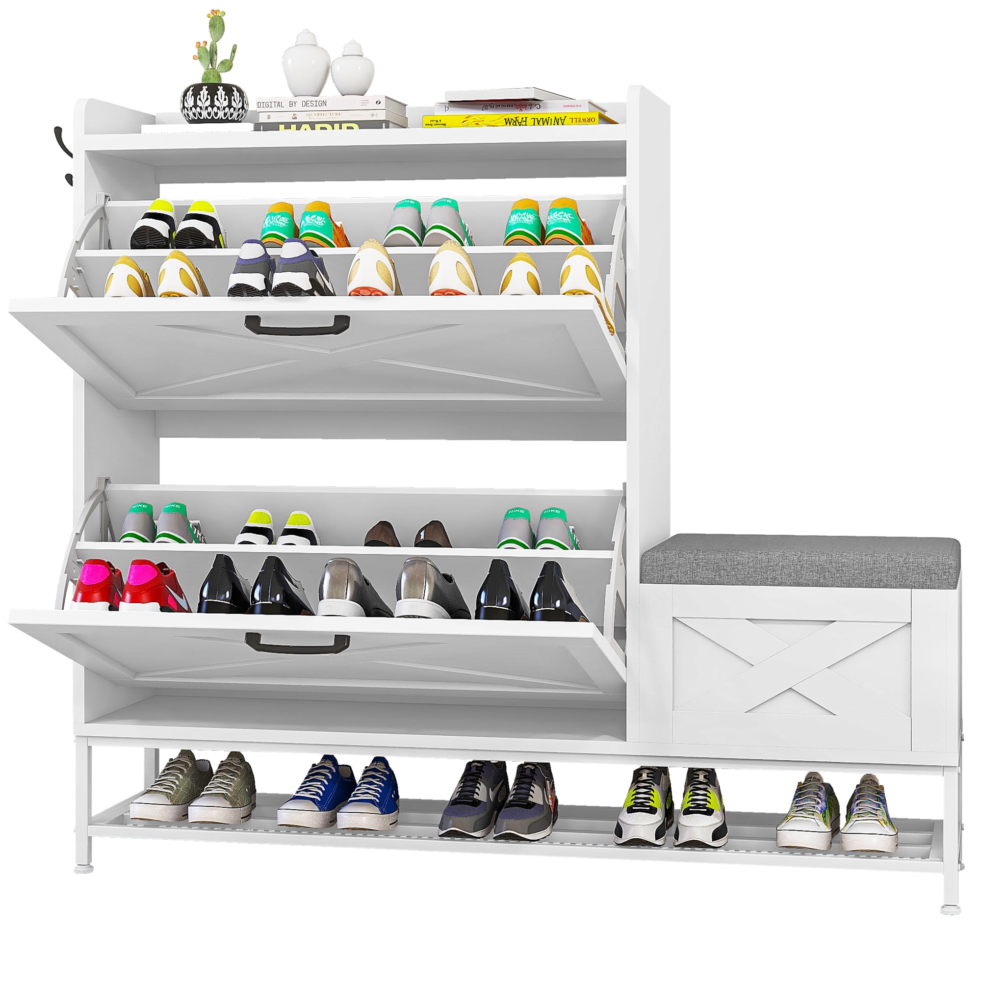 White Farmhouse Shoe Storage Cabinet with Bench and Flip Drawers