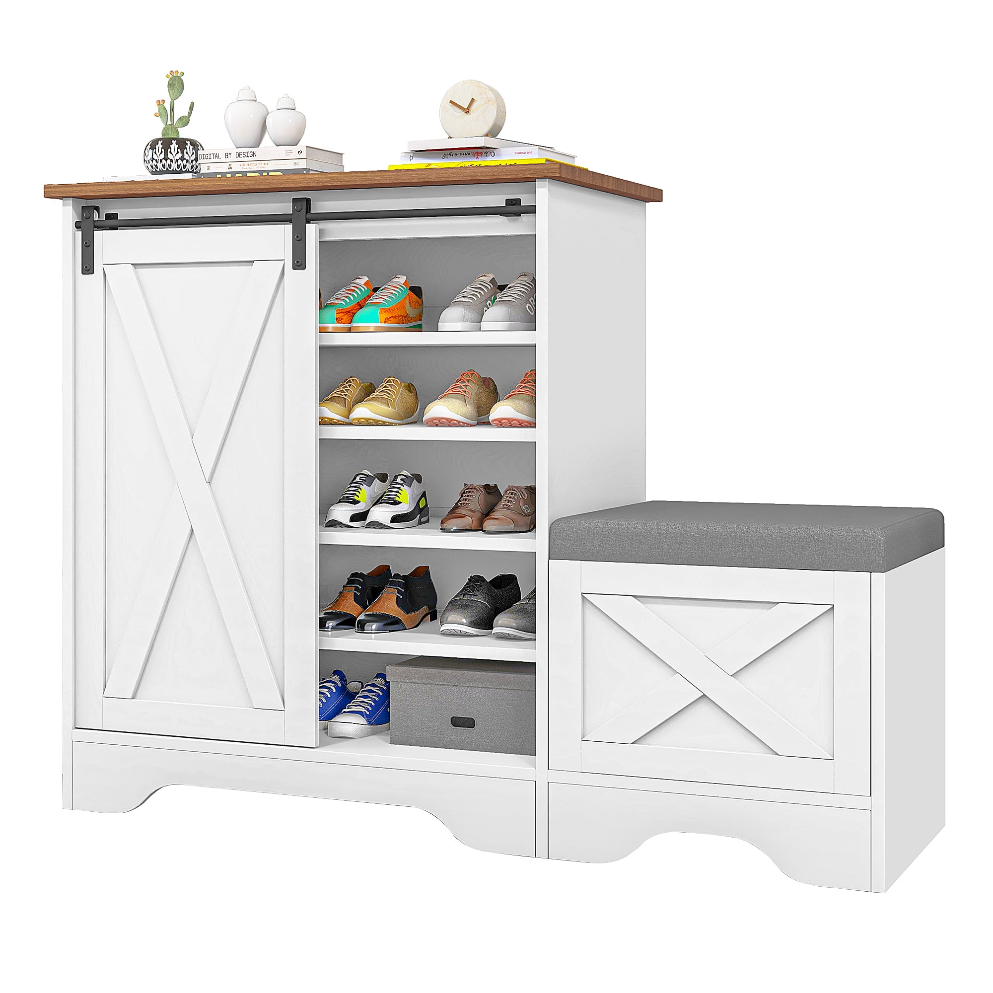 White Farmhouse 5-Tier Shoe Cabinet with Sliding Door and Bench