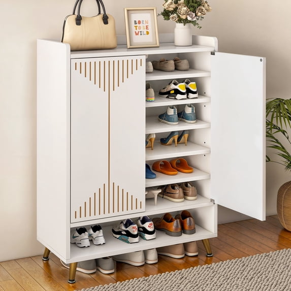 Dextrus Shoe Cabinets with Adjustable Shelves & Doors, 7-Tier White Modern Shoe Storage Cabinet