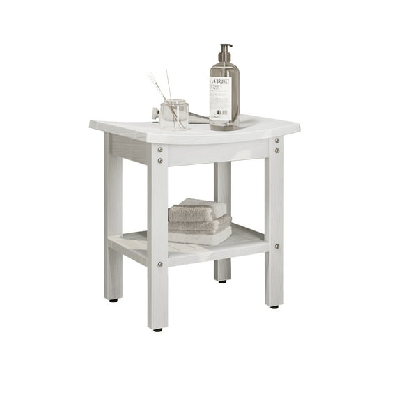 Dextrus Shower Bench Seat, Waterproof Shower Chair with Storage Shelf, Wood Spa Bath Seat Stool for Indoor & Outdoor - White