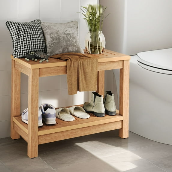 DEXTRUS Shower Bench with Storage Shelf, Waterproof HIPS Shower Stool with Non-Slip Pads, Natural