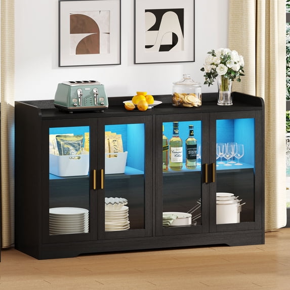 DEXTRUS Sideboard with LED Light & Doors, Modern Wood Acrylic Glass Storage Cabinet for Kitchen, Dinning Room, Living Room, Black