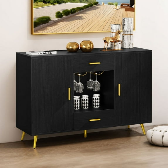 DEXTRUS Sideboard Storage Cabinet with Doors & Drawers, Coffee Bar Cabinet with Adjustable Shelf,Black