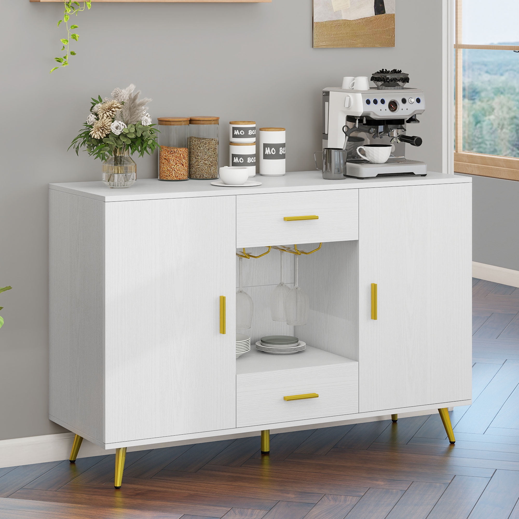 DEXTRUS Sideboard Storage Cabinet with Doors & Drawers, Coffee Bar Cabinet, Kitchen Buffet with Adjustable Shelf, Wine Glass Holder, White