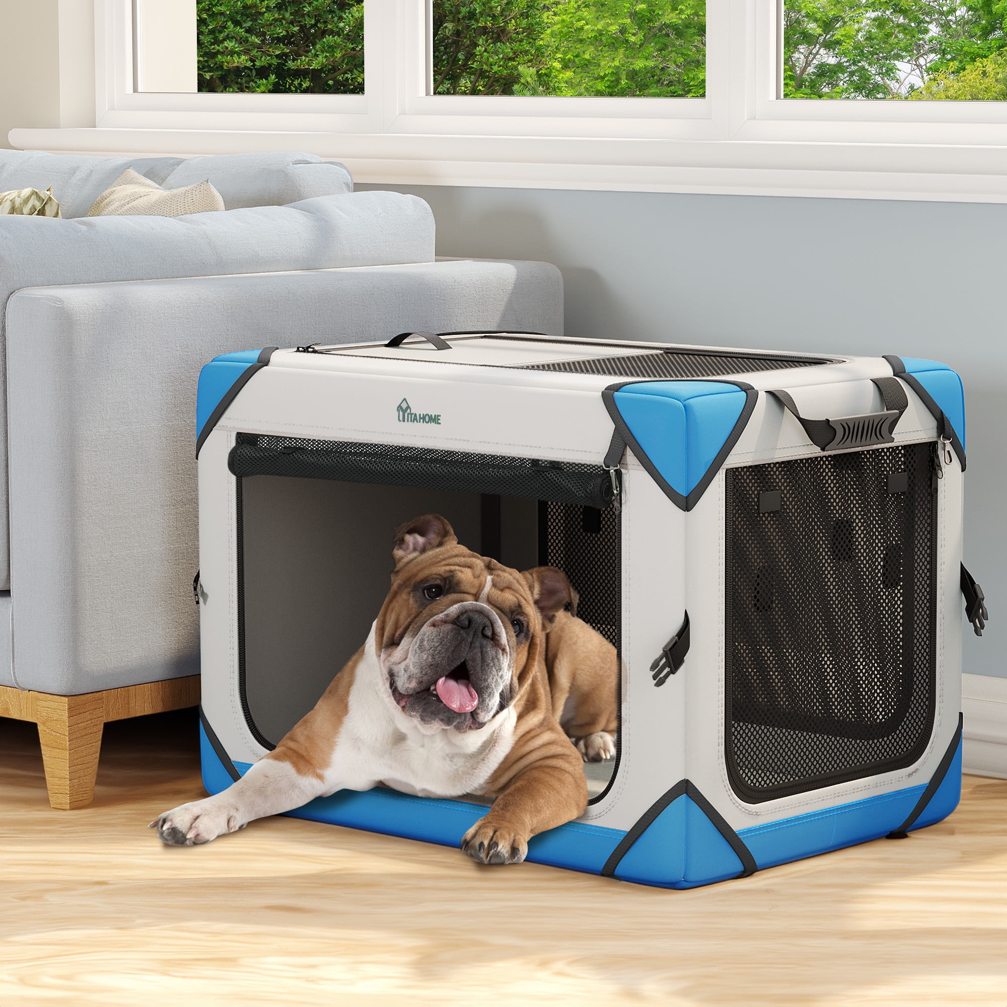 Dextrus Soft Dog Crate, 4Door Collapsible Dog Crates with Durable Mesh Windows, Portable Travel