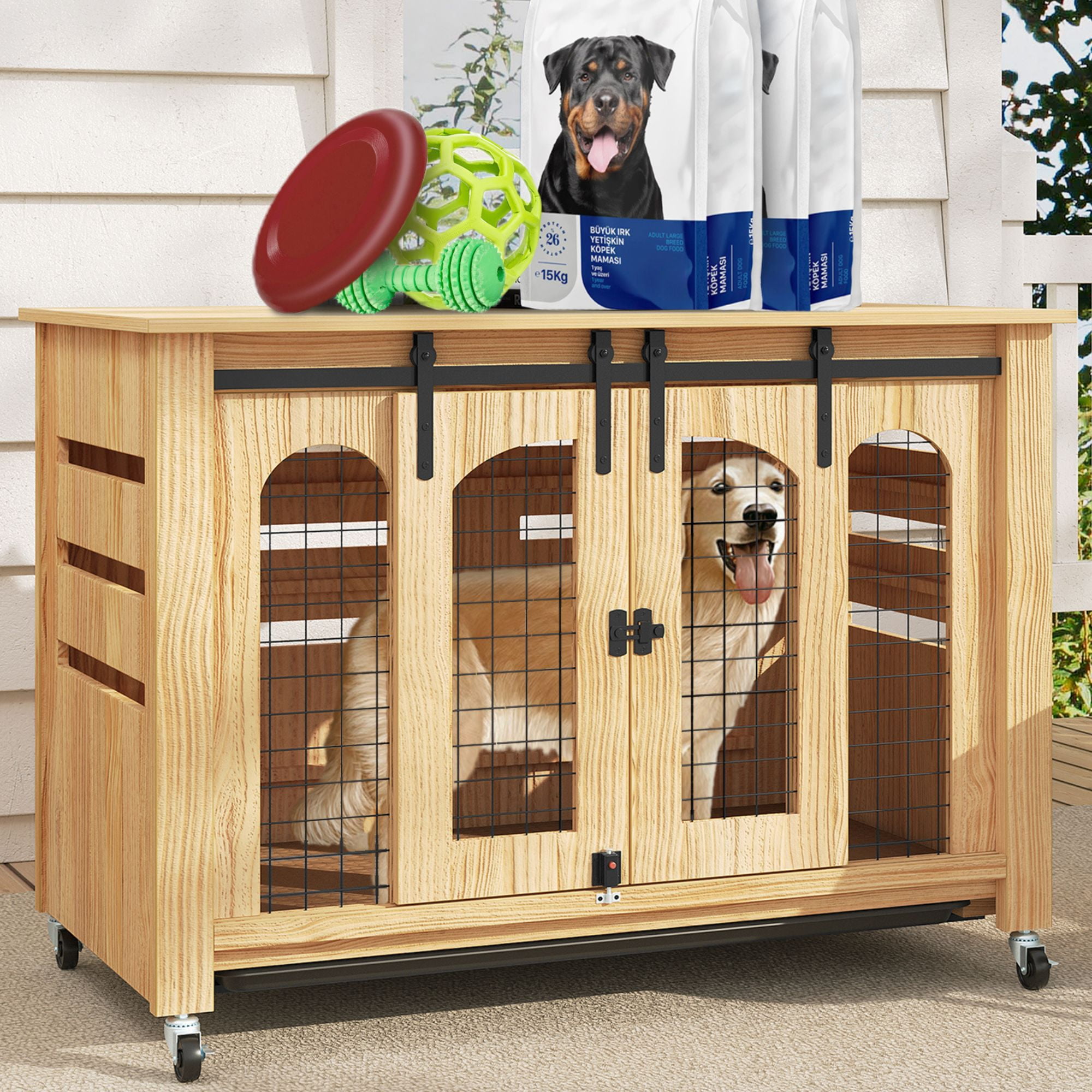 Dextrus Solid Wood Large Dog Crate Furniture With Casters, Indoor Dog