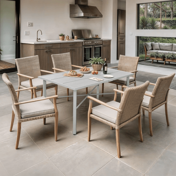 Dextrus Spacious Gray Rectangular Dining Table for 6 Individuals, Outdoor 59" Patio Dining Table with 2" Umbrella Opening, Ideal for Backyards, Lawns, and Gardens