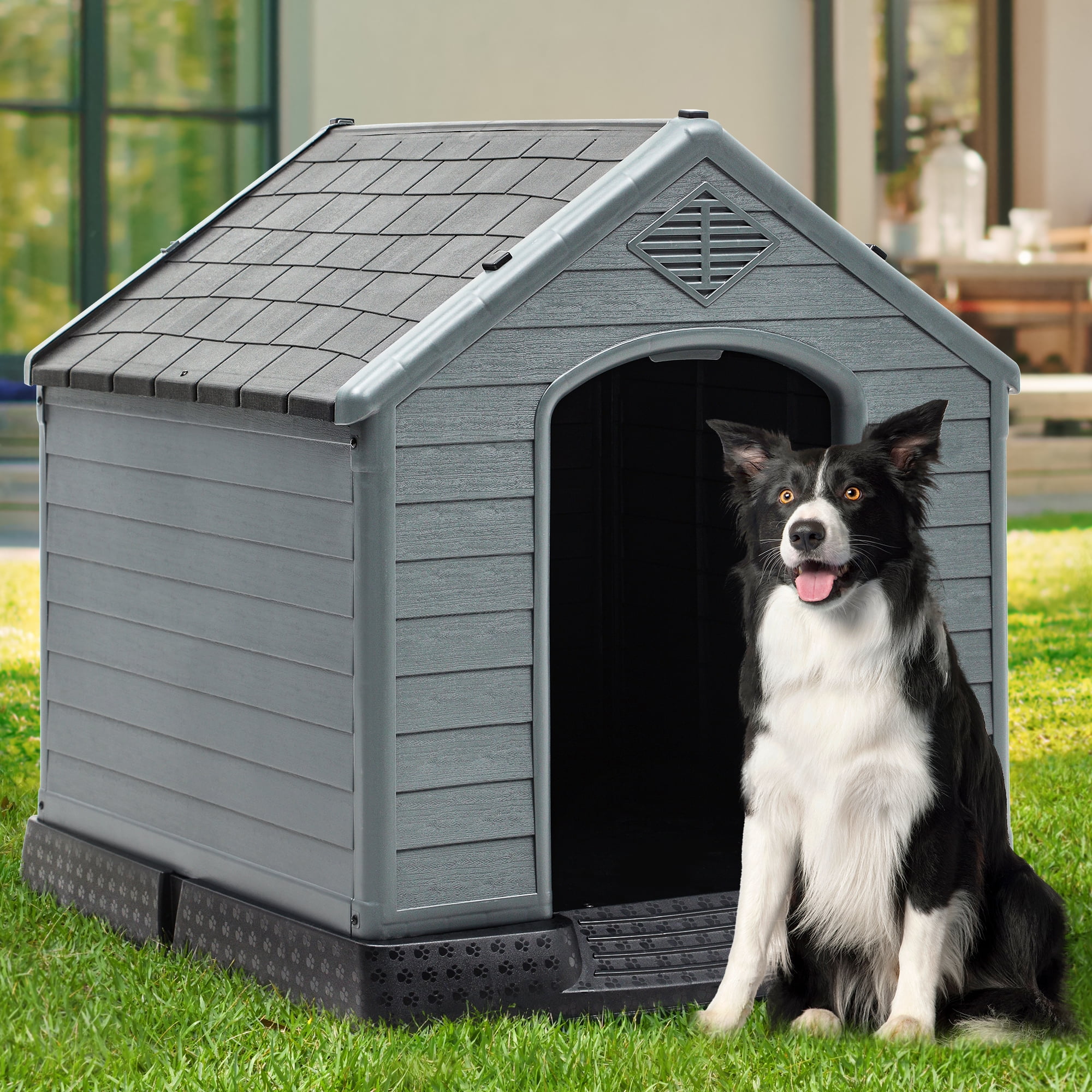 Dextrus Spacious Large Plastic Dog House with Air Vents and Elevated Floor, Weather Resistant Easy Assembly Outdoor Indoor Dog house (34.5''L*31''W*32''H, Black+Gray)