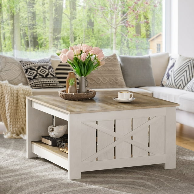 Dextrus Square Coffee Table, Farmhouse Coffee Table with Half Open Storage Compartment, Gray Wash