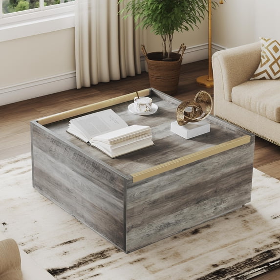 Dextrus Square Coffee Table with Storage, Manhattan Gate Center Table for Living Room, Bedroom, Gray