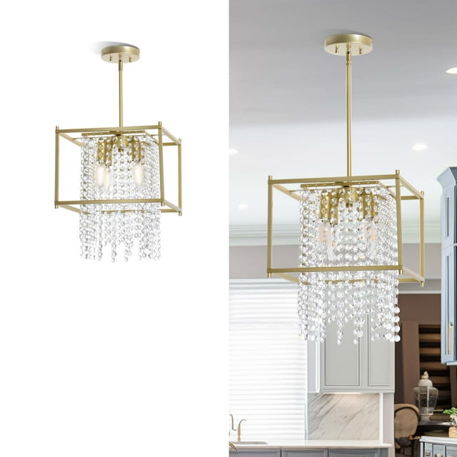 DEXTRUS Square Crystal Chandeliers, 4-Light Gold Metal Crystal Pendant ...