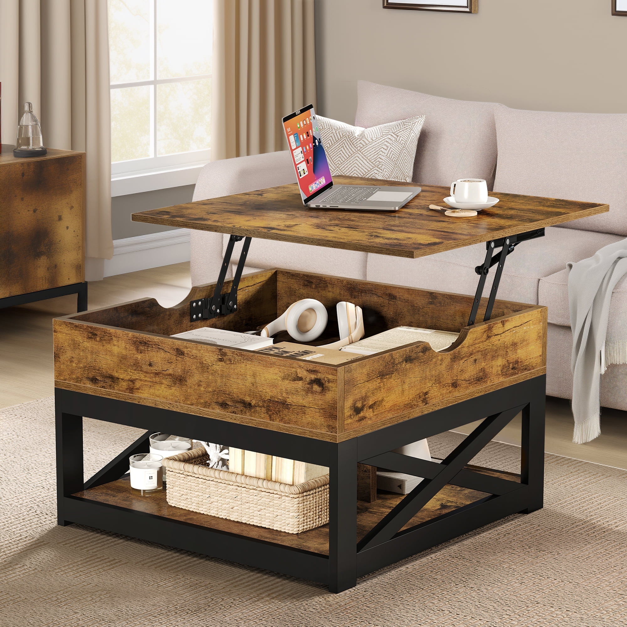 Dextrus Square Lift Top Coffee Table w Hidden Storage Farmhouse Center Cocktail Table for Living Room Rustic Brown