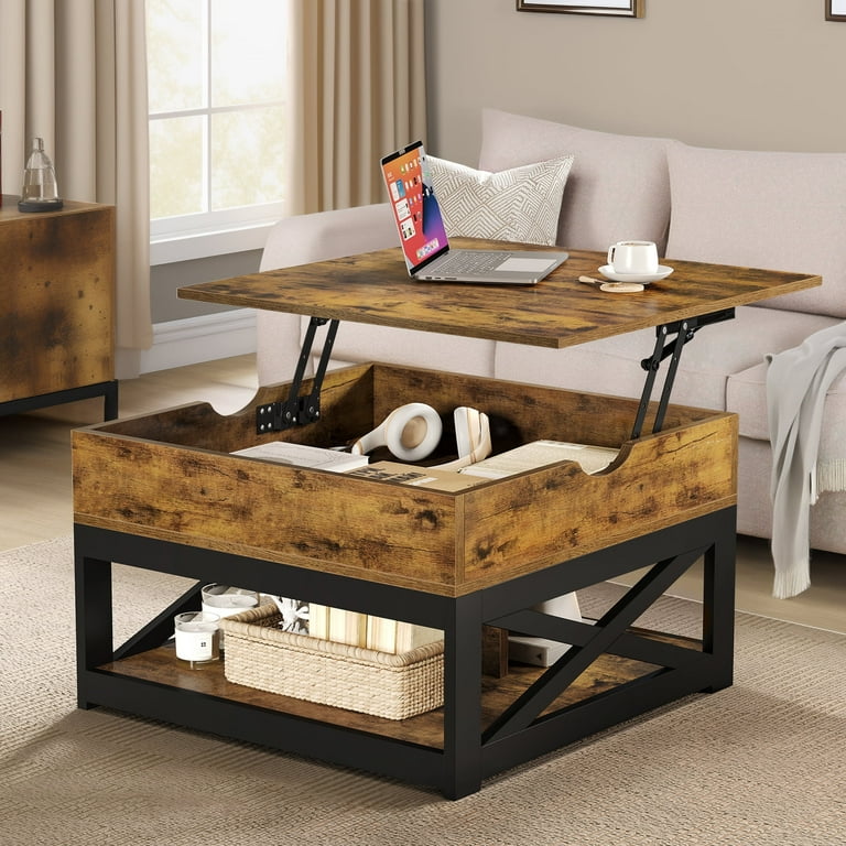 Dextrus Square Lift Top Coffee Table w Hidden Storage Farmhouse Center Cocktail Table for Living Room Rustic Brown