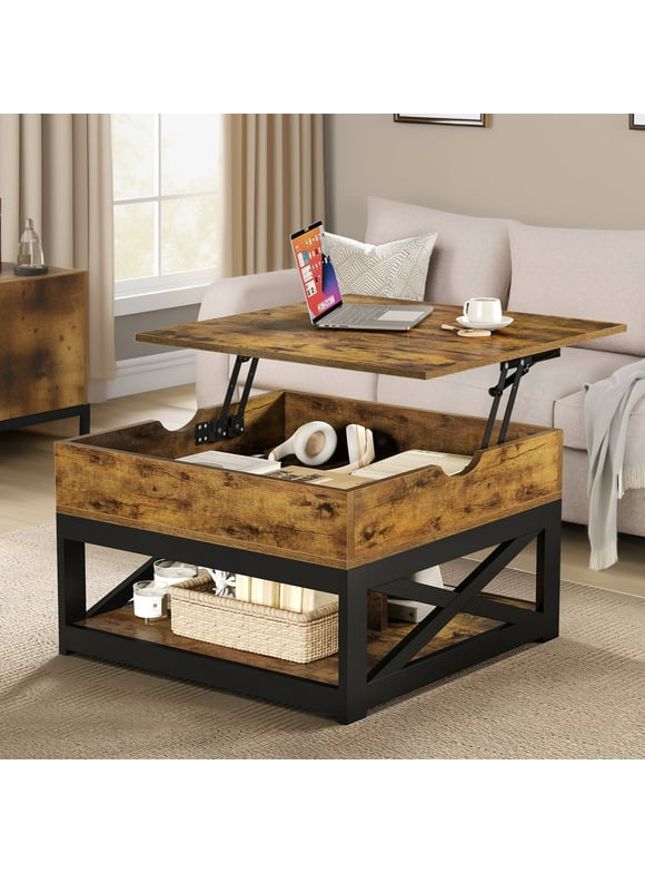Dextrus Square Lift Top Coffee Table w/ Hidden Storage Farmhouse Center Cocktail Table for Living Room, Rustic Brown