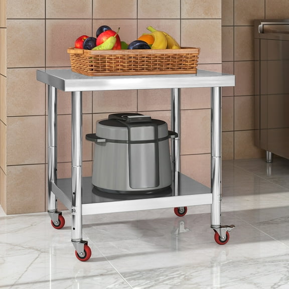 Dextrus Stainless Steel Work Table with Wheels, 2 Metal Shelves, 30" x 24"