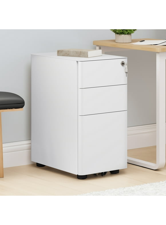 Dextrus Steel Rolling File Cabinet with Lock 3 Drawer Slim Document Organizer Office Furniture