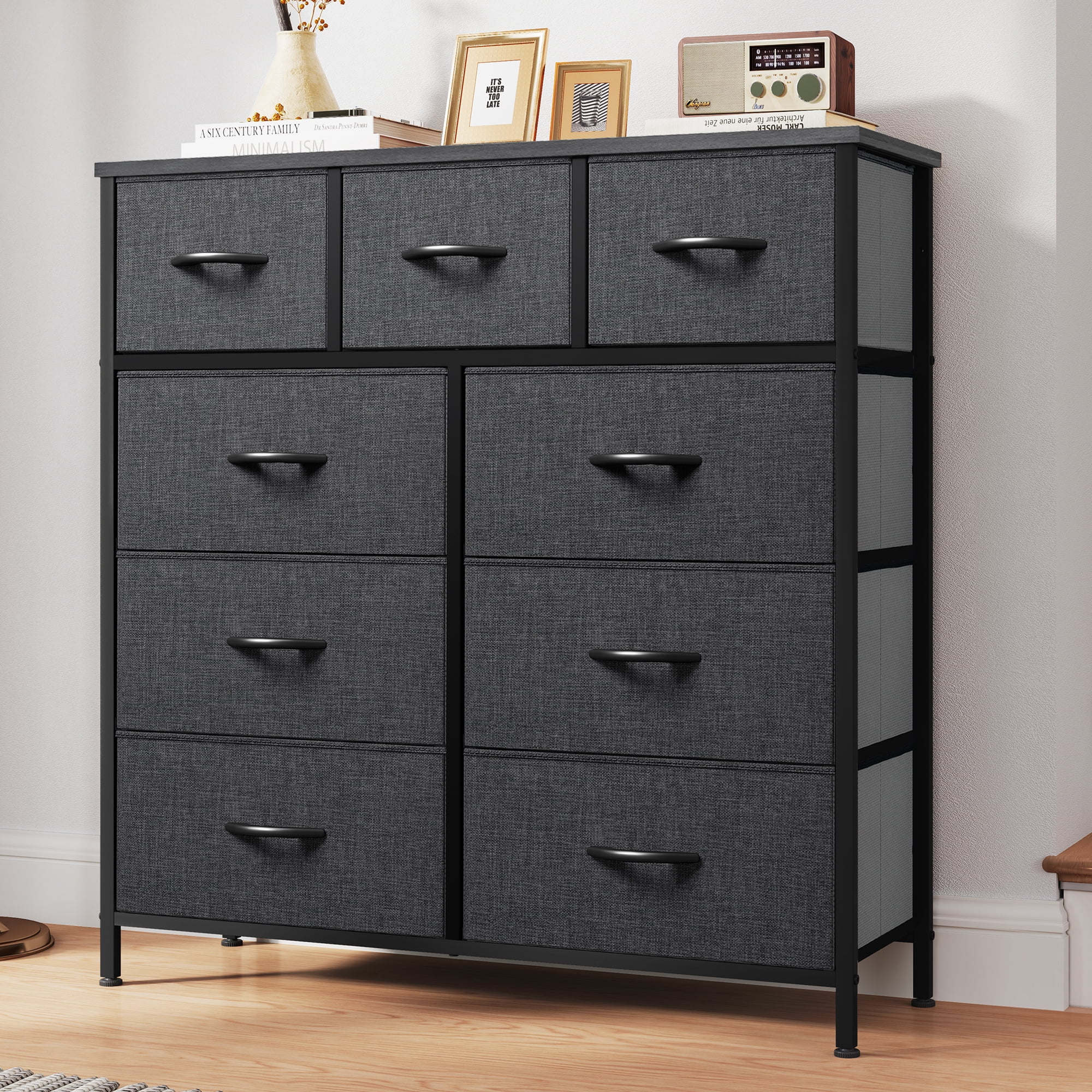 Dextrus Storage Dresser Furniture Fabric Storage Tower with 9 Drawers Fabric Storage Dresser Black Gray
