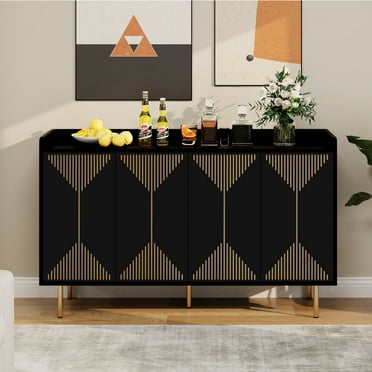 Dextrus Storage Sideboard Cabinet Modern 4 Doors Kitchen Buffet Cabinet with Carved Design Doors Television Tables Entryway Cupboard Furniture with Gold Metal Legs,Black