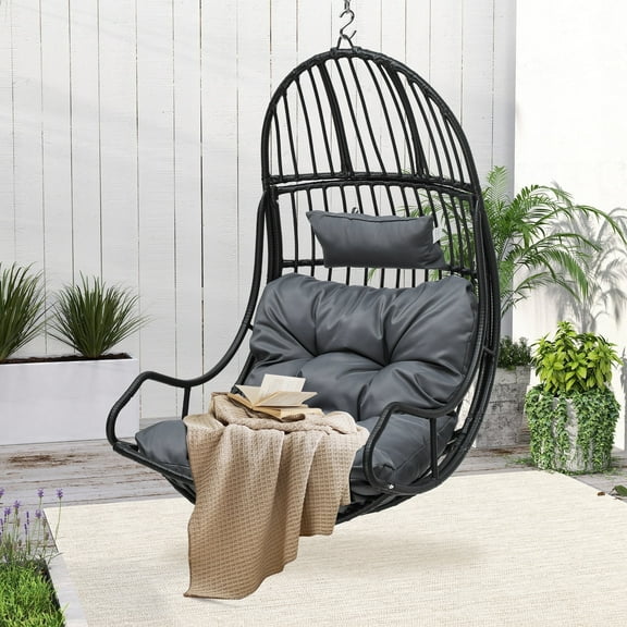 Dextrus Egg Swing Hammock Chair with Iron Chain, Cushion, Headrest for Porch, Garden, Lounge, Bedroom, Gray