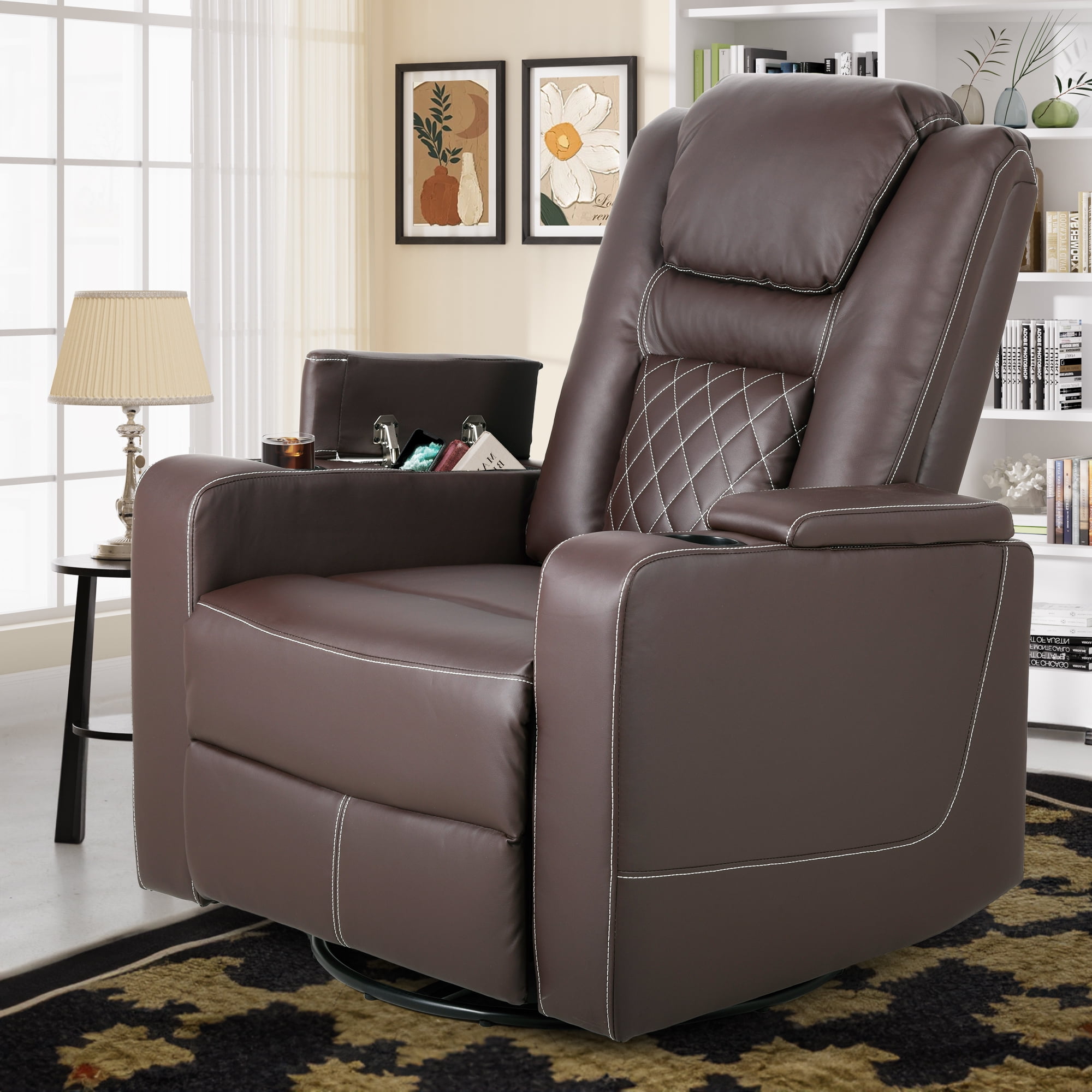 Dextrus Swivel Glider Rocker Recliner Chair with Cup Holders - Soft PU
