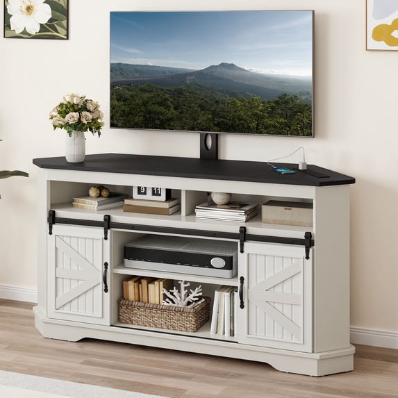 Dextrus TV Stand for 70" TV with Mount, Farmhouse Entertainment Center with Power Outlets & Sliding Barn Doors, White