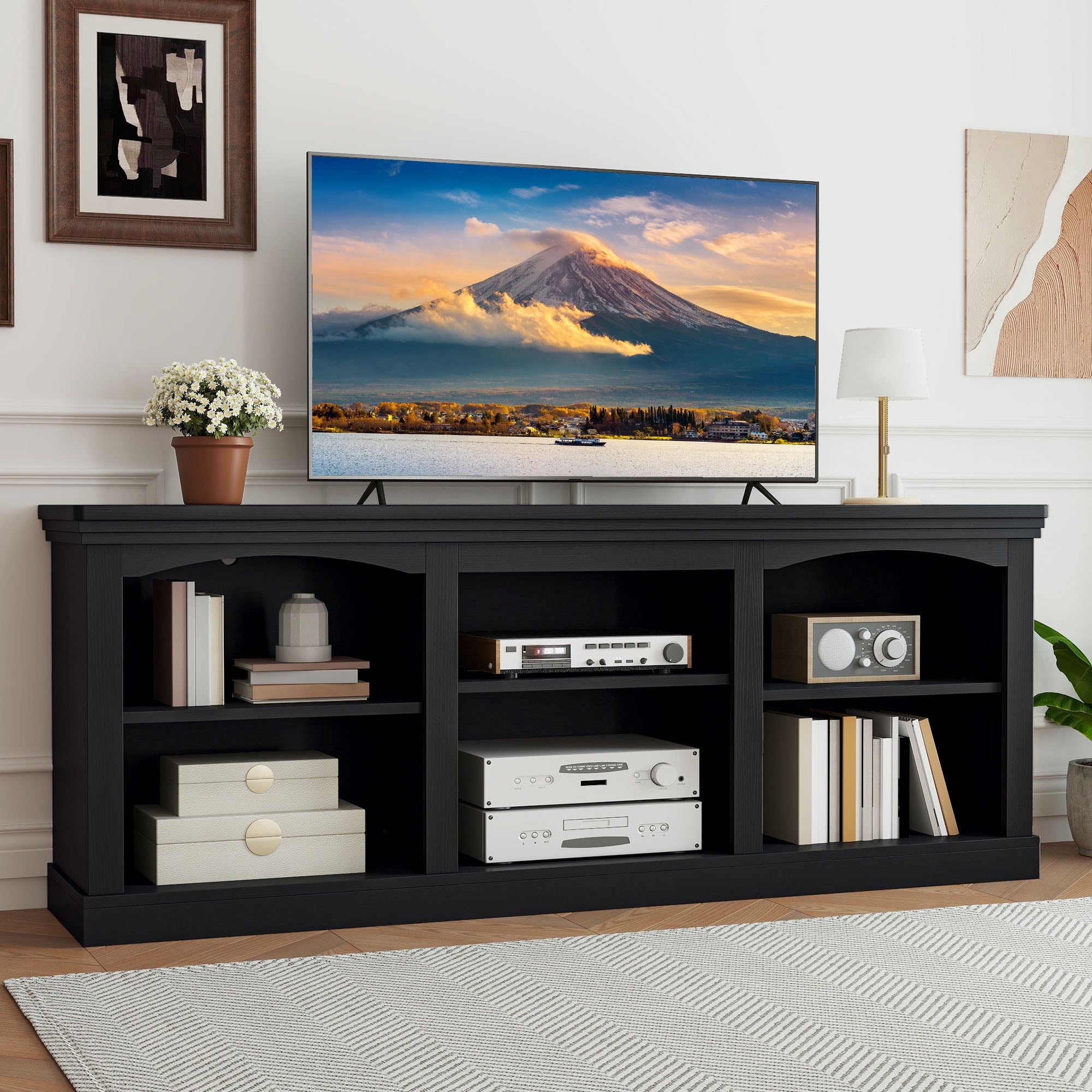 Dextrus TV Stand for 80 Inches TV, Farmhouse Entertainment Center with Adjustable Shelf & Storage Cabinets, Black