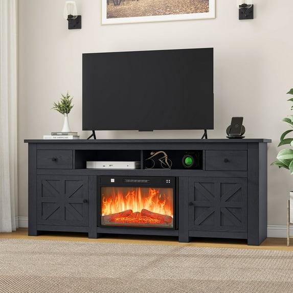 Dextrus TV Stand for Large Screens up to 80", Console with Fireplace and Storage, 70" Black