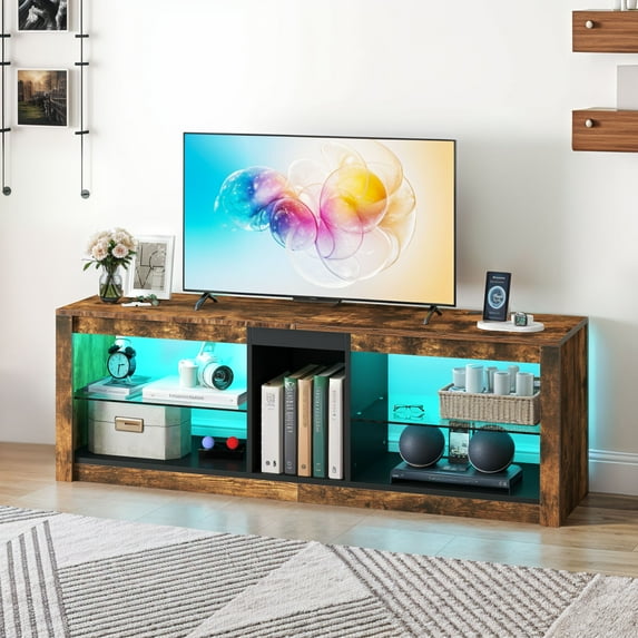 Dextrus TV Stand with LED Ambient Lights, Modern TV Stand with Open Shelf Storage Cabinet for 62 inch TV, Brown