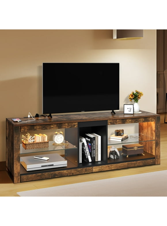Dextrus TV Stand with LED Ambient Lights, Modern TV Stand with Open Shelf Storage Cabinet for 62 inch TV, Brown