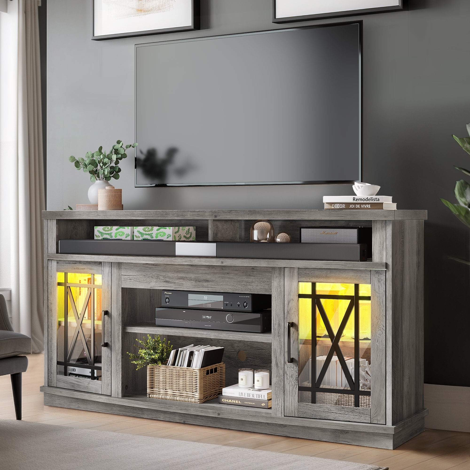 Dextrus TV Stand with LED Lights for TVS Up to 70 inch Entertainment Center Media Console Cabinet with Glass Door Gray Size 59.1 x 17.7 x 32.3