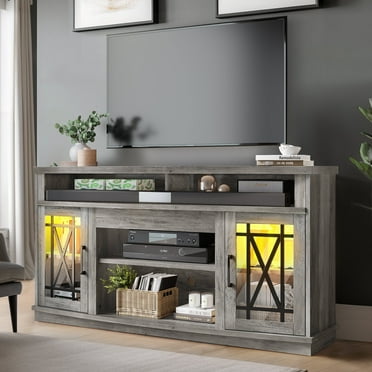 Dextrus TV Stand with LED Lights for TVs up to 70", Entertainment Center Media Console Cabinet with Glass Door, Gray