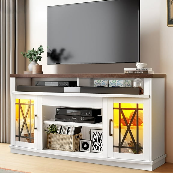 Dextrus TV Stand with LED Lights for TVs up to 70", Entertainment Center Media Console Cabinet with Glass Door,