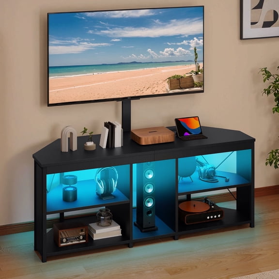 Dextrus TV Stand with Mount for 32-70" TV, LED Entertainment Center with Power Outlets for Living Room, Black