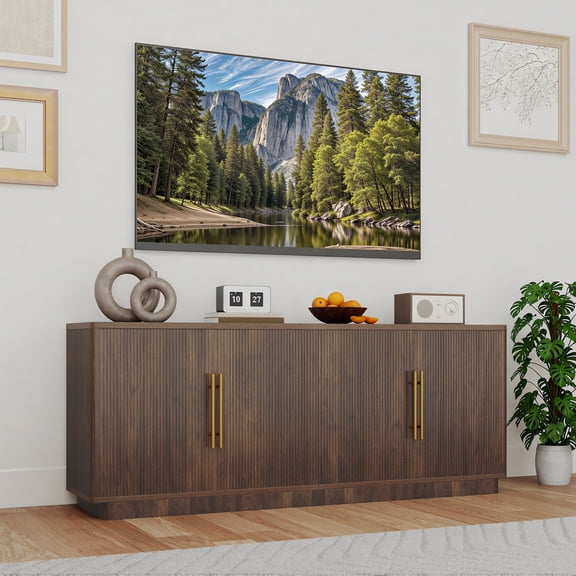 Dextrus TV Stand with Storage for TVs up to 80 Inch, 70'' Entertainment Center with 4 Fluted Doors for Living Room or Apartment, Walnut