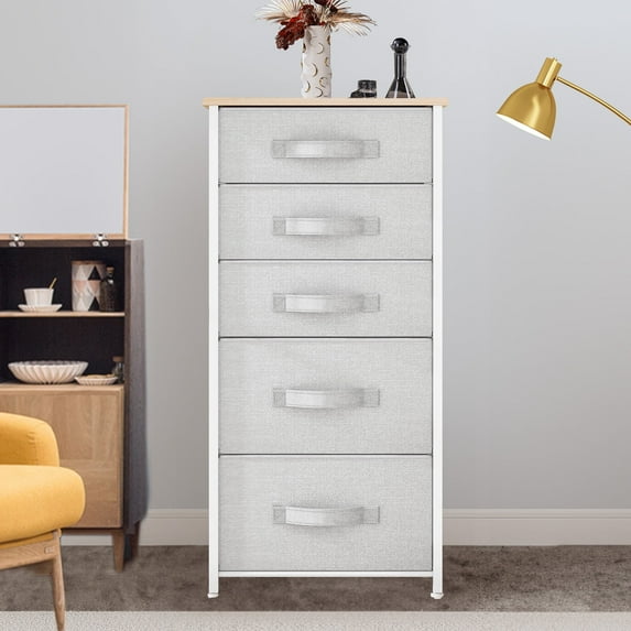 DEXTRUS 5-Drawer Fabric Storage with Steel Frame and Wooden Top for Living Room and Hallway for Adult Light Gray