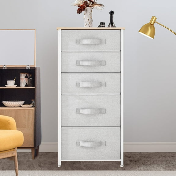 DEXTRUS 5-Drawer Fabric Storage with Steel Frame and Wooden Top for Living Room and Hallway for Adult Light Gray