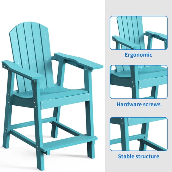 DEXTRUS Tall Adirondack Chair, Poly Lumber Outdoor Bar Stools with Wide Armrest, 350Lbs Support Patio Chair for Balcony, Deck, Garden - White