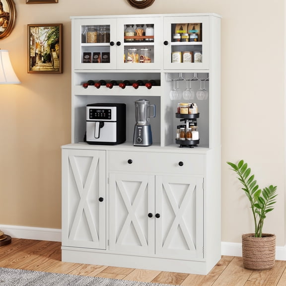 DEXTRUS Modern Tall Pantry Cabinet, 2 Doors, 1 Drawer, 3 Adjustable Shelves, Goblet Holder, Wine Rack