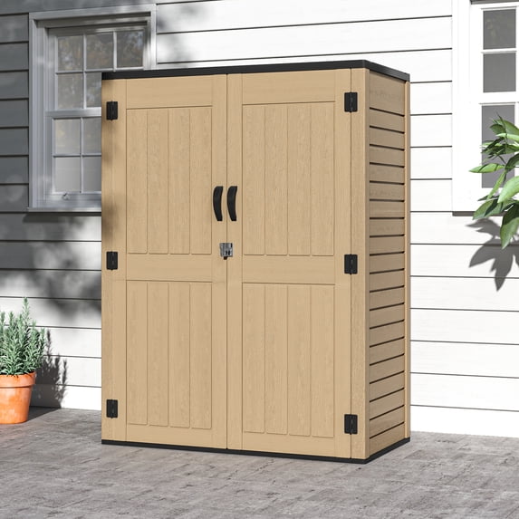 Dextrus Tall Outdoor Storage Shed, Vertical Lockable Tool Storage Resin Shed for Garden, Garage, Patio, No Shelves Included, Brown