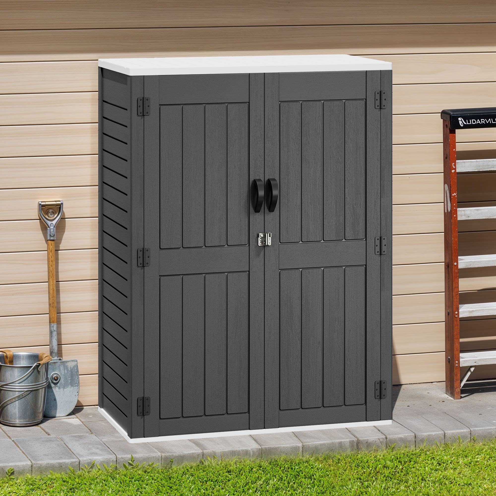 Dextrus Tall Outdoor Storage Shed, Vertical Lockable Tool Storage Resin Shed for Garden, Garage, Patio, No Shelves Included, Gray