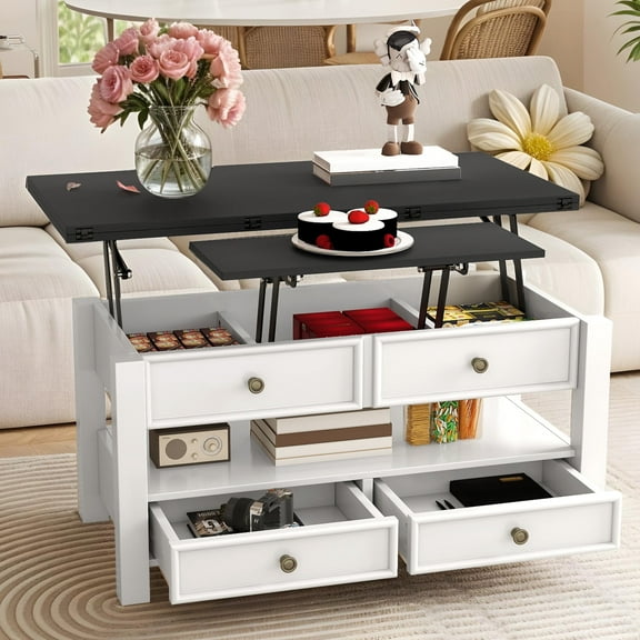 Dextrus Tea Table with Lift-Top Design, Hidden Storage & Drawers for Living Room/Home Office, Beige & Black